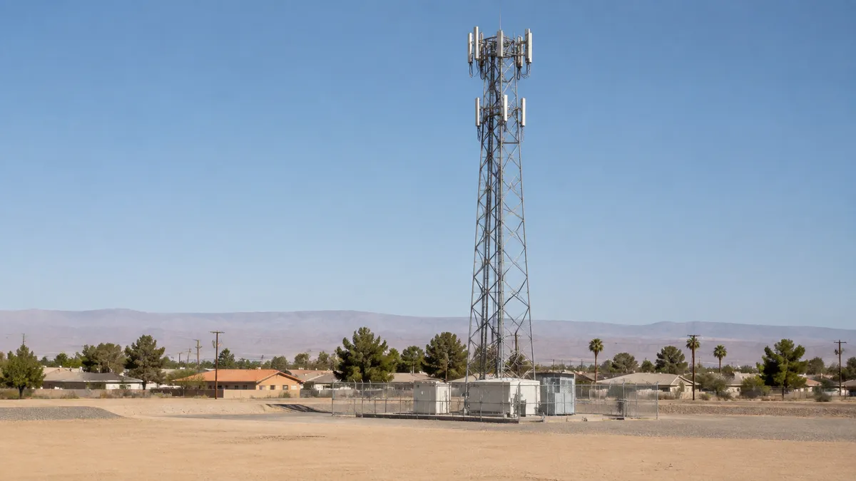AI-generated scene of a cellular lattice tower beside a desert town.